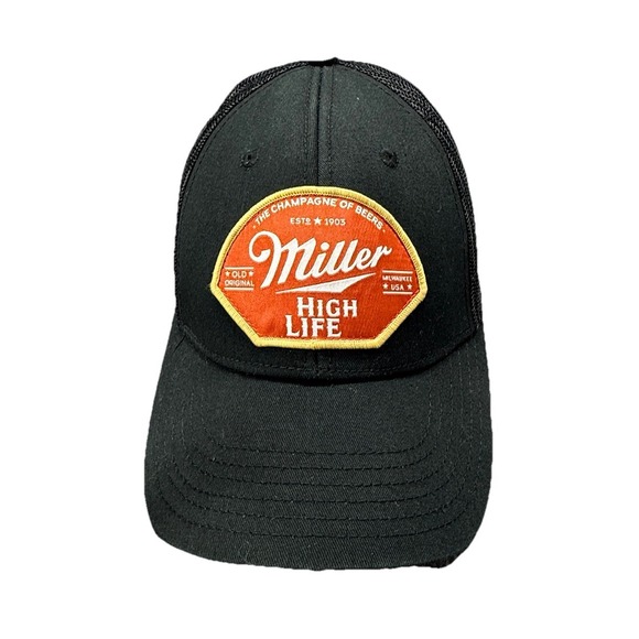 MILLER HIGH LIFE Trucker Hat Black Red Patch Mesh Back Adjustable OSFM - Picture 1 of 4